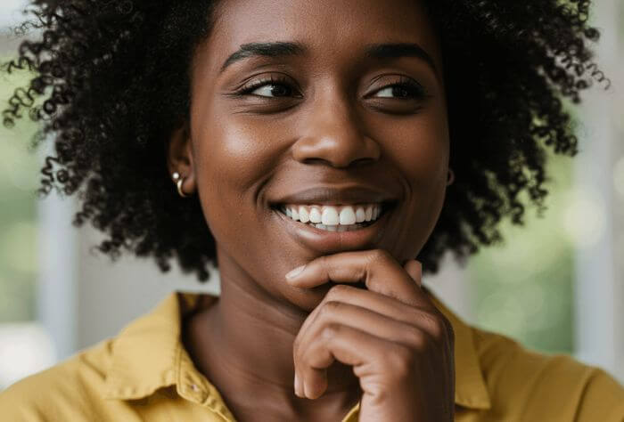 A young woman smiling with her hand partially covering her mouth, appearing slightly self-conscious about her breath in a social setting